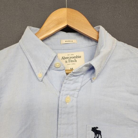 Abercrombie & Fitch Shirt Boys Medium Blue Oxford Button Down Muscle Fit Moose - Picture 9 of 14
